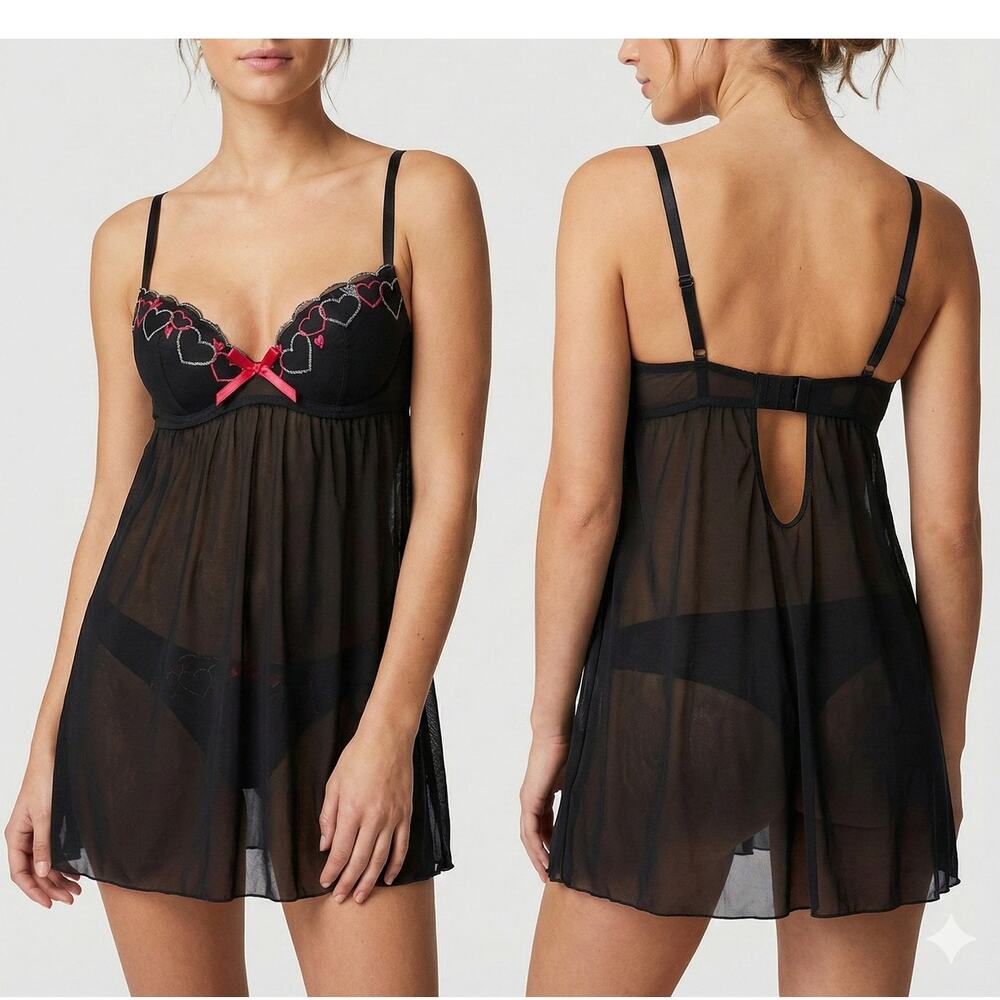 Biatta Sleepwear Size 34C Black with Red Heart Trim Babydoll Nightie Intimates